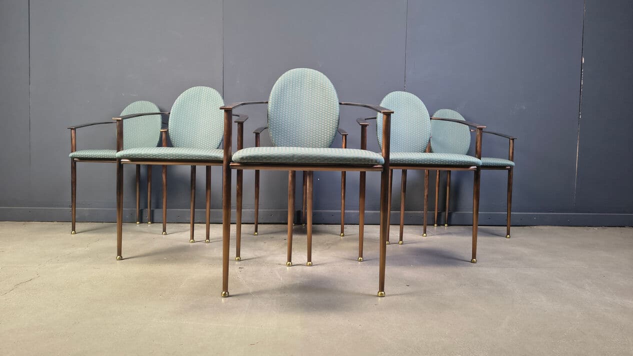 Set of six postmodern dining chairs, blue-green upholstery, copper-brown metal, Belgochrom, Belgium, 1980s. - 329110