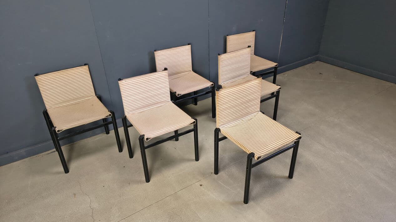 Set of six Mastro dining chairs, black wood, beige fabric, Italy, 1980s. - 329088