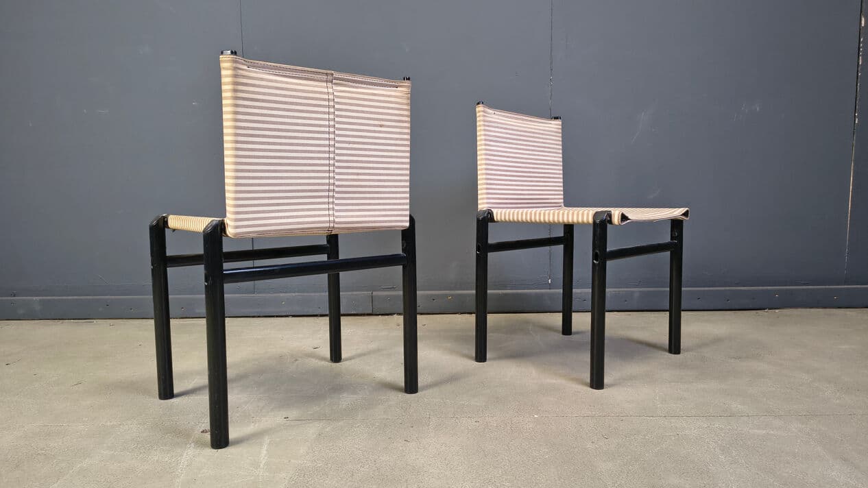Set of six Mastro dining chairs, black wood, beige fabric, Italy, 1980s. - 329086