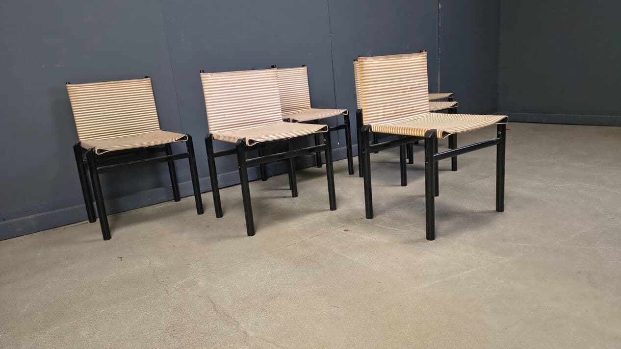 Set of six Mastro dining chairs, black wood, beige fabric, Italy, 1980s. - 329092