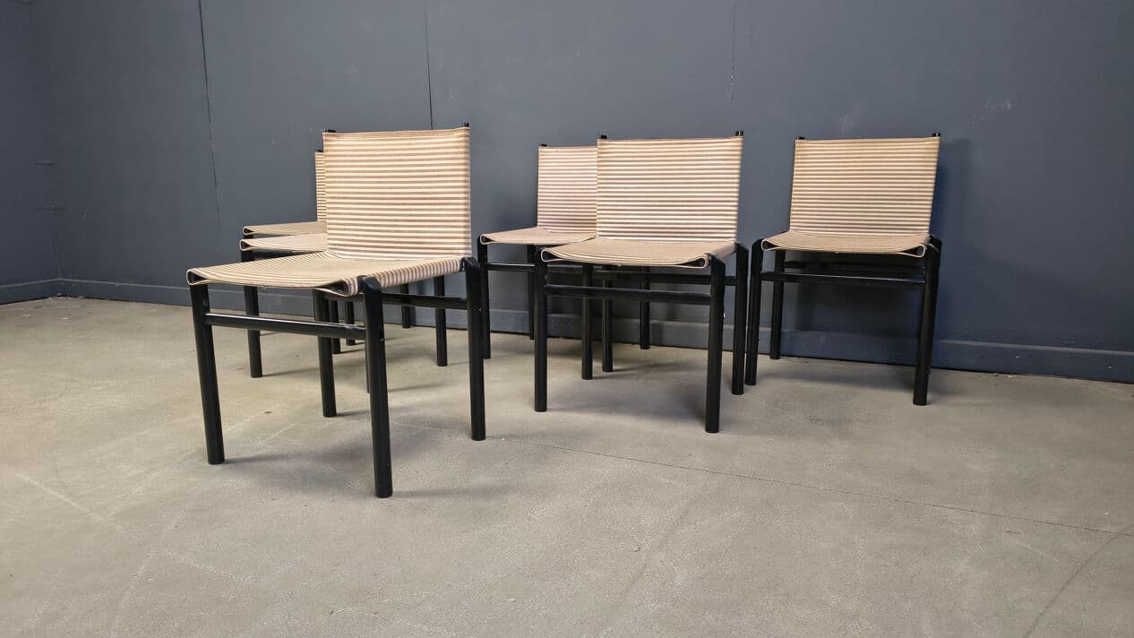 Set of six Mastro dining chairs, black wood, beige fabric, Italy, 1980s. - 329091