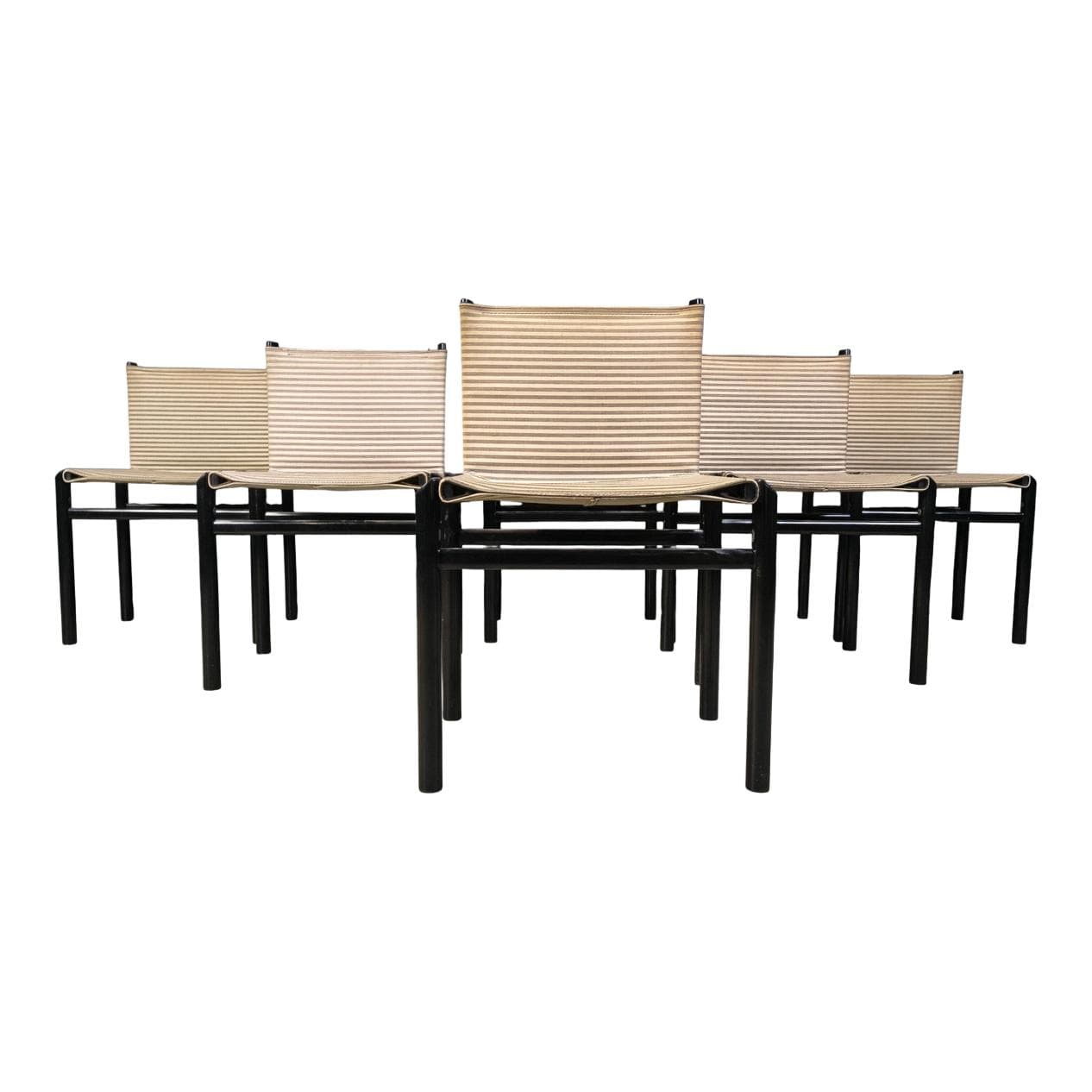 Set of six Mastro dining chairs, black wood, beige fabric, Italy, 1980s.