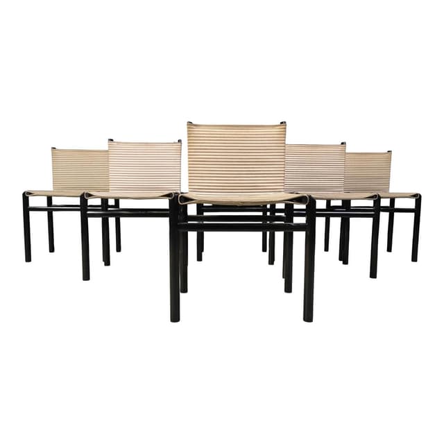 Set of six Mastro dining chairs, black wood, beige fabric, Italy, 1980s. - DIMENSION