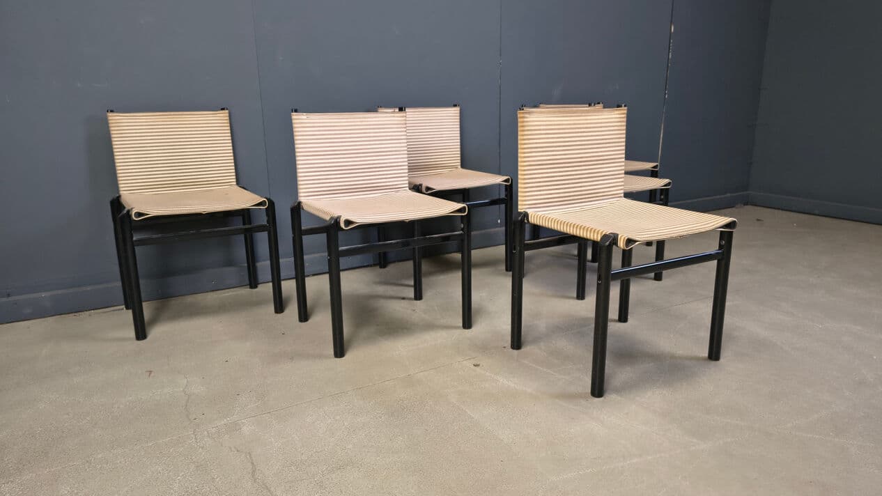 Set of six Mastro dining chairs, black wood, beige fabric, Italy, 1980s. - 329089