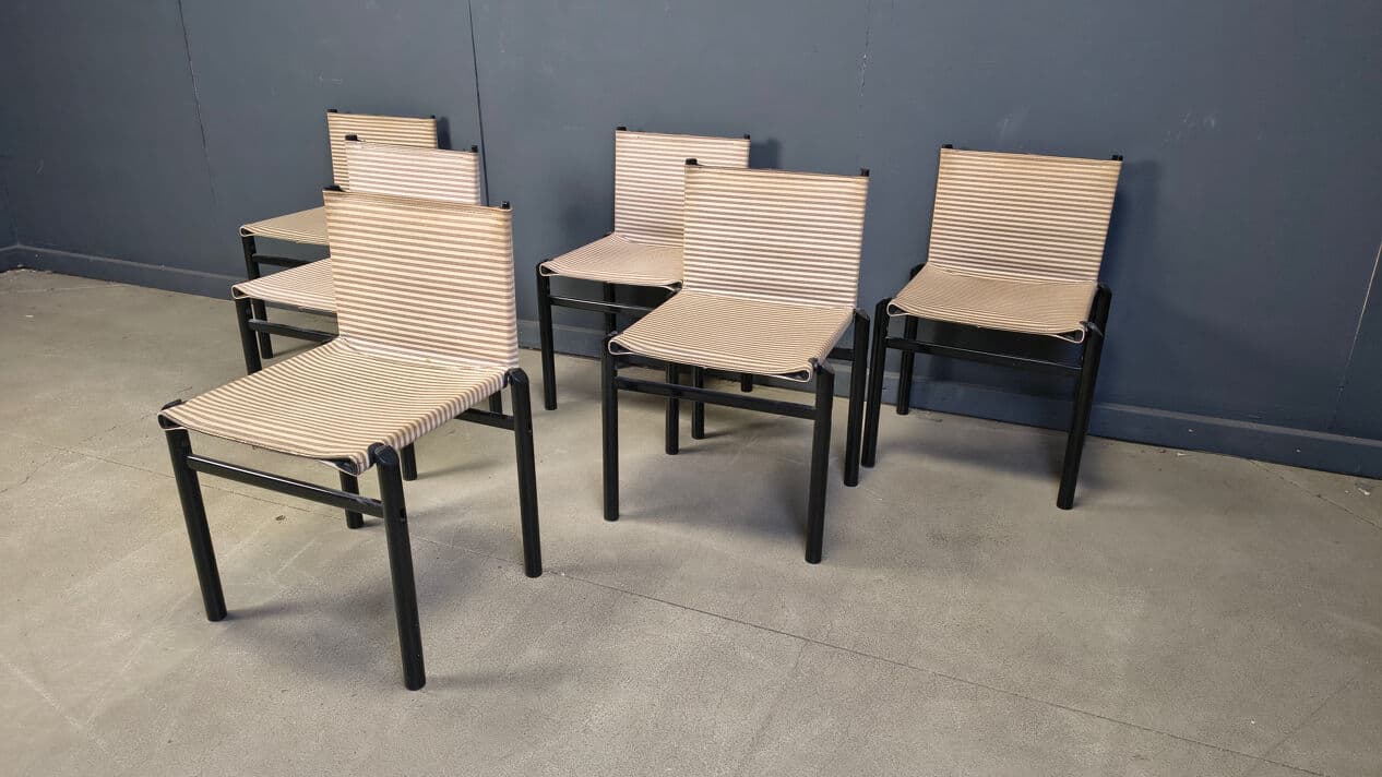 Set of six Mastro dining chairs, black wood, beige fabric, Italy, 1980s. - 329090