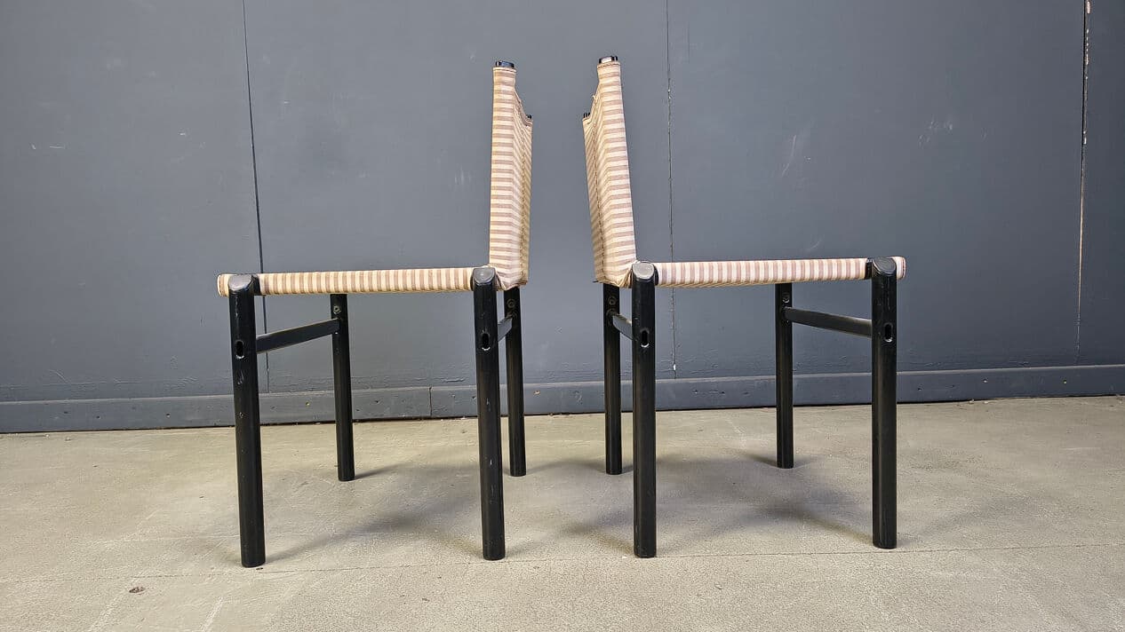 Set of six Mastro dining chairs, black wood, beige fabric, Italy, 1980s. - 329085