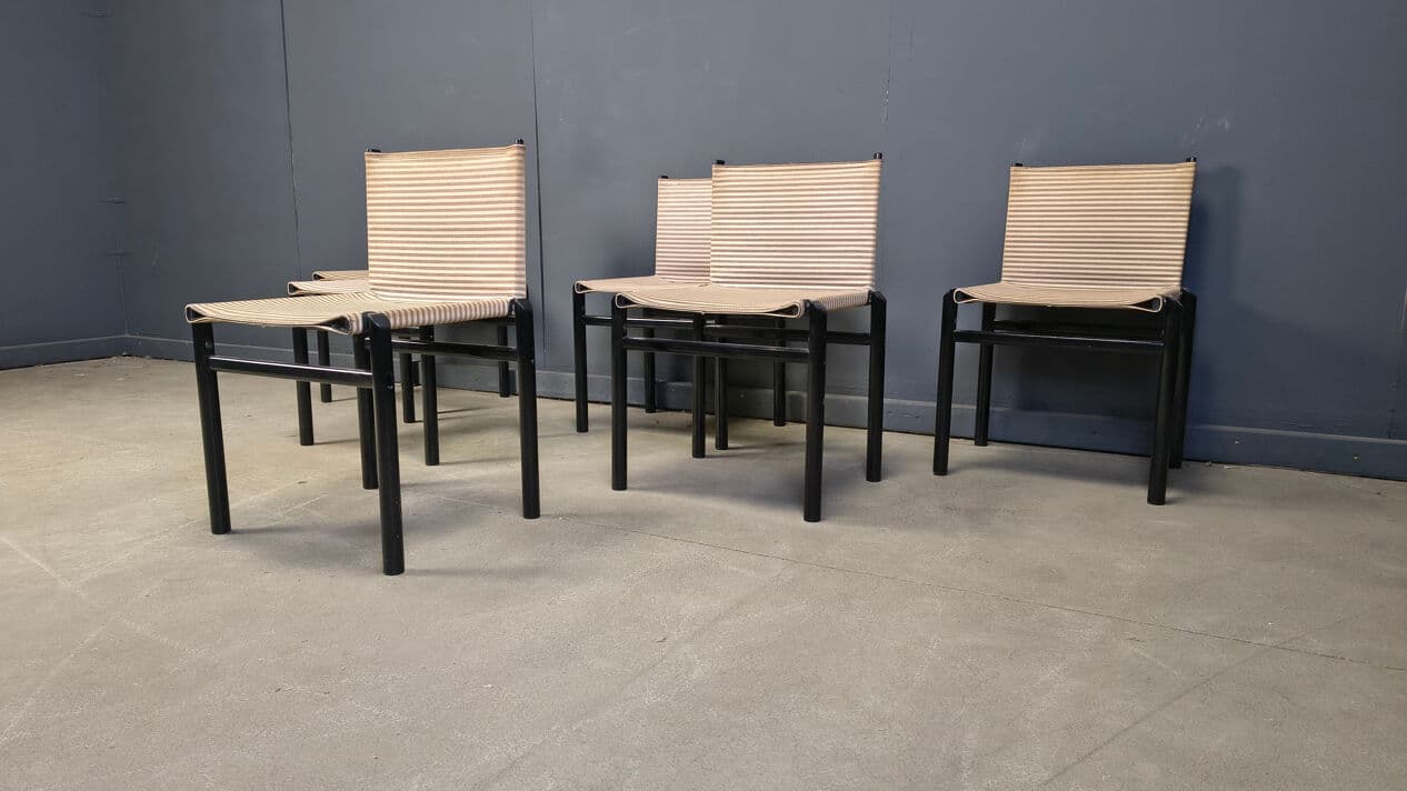Set of six Mastro dining chairs, black wood, beige fabric, Italy, 1980s. - 329083