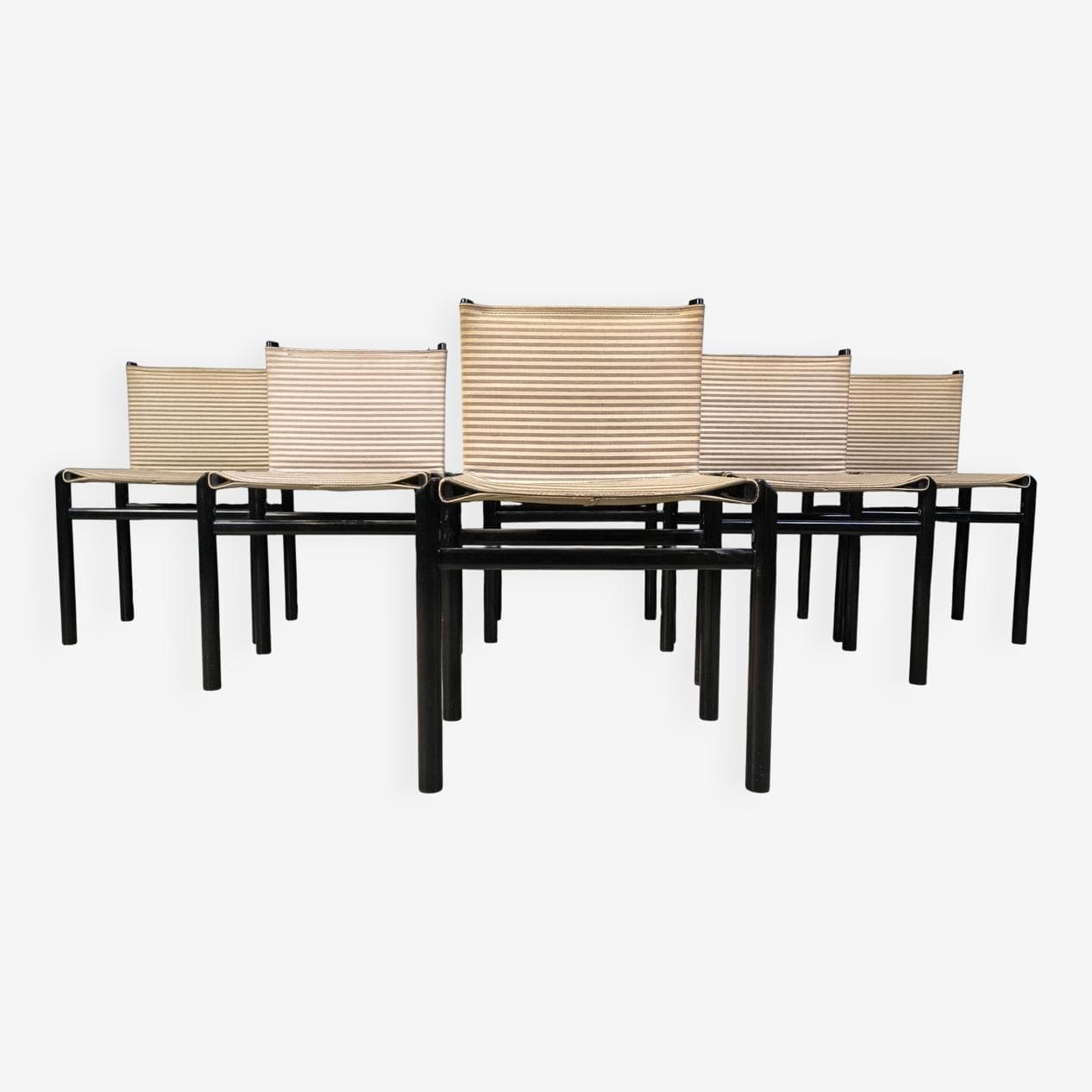Set of six Mastro dining chairs, black wood, beige fabric, Italy, 1980s. - 329084