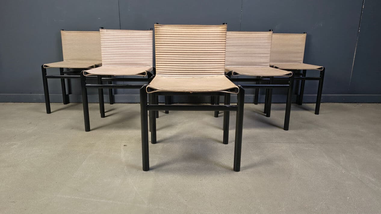 Set of six Mastro dining chairs, black wood, beige fabric, Italy, 1980s. - 329087