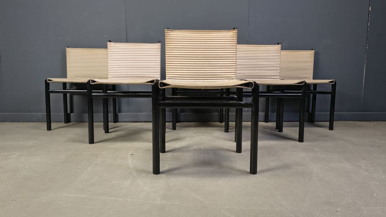 Set of six Mastro dining chairs, black wood, beige fabric, Italy, 1980s. - 329082