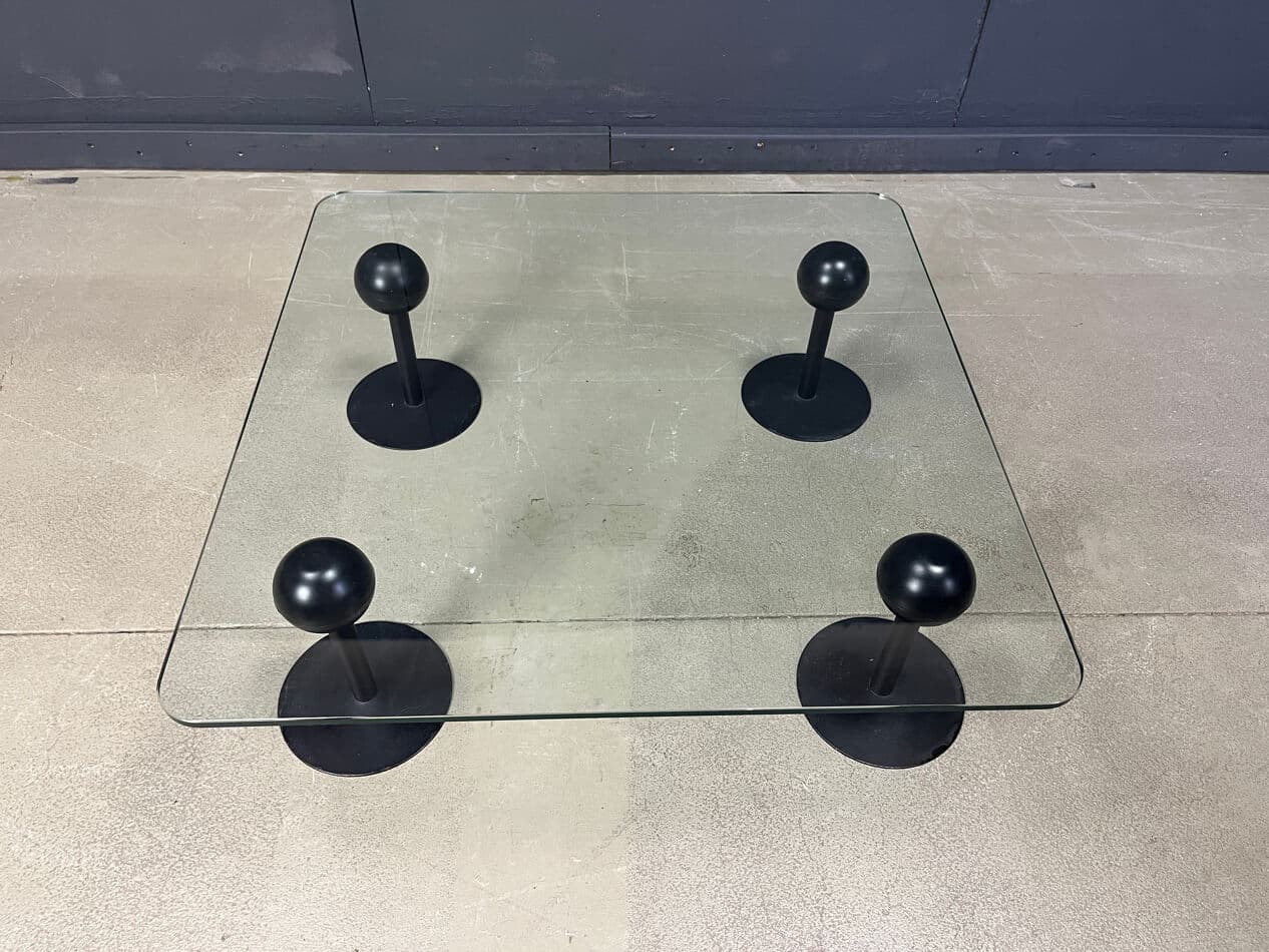 Coffee Table Pepper Young, transparent glass, black metal, by P. Starck, Spain, 1980s. - 329079