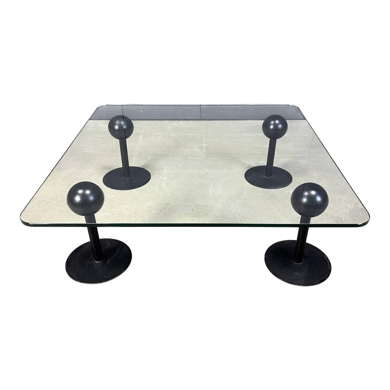 Coffee Table Pepper Young, transparent glass, black metal, by P. Starck, Spain, 1980s.