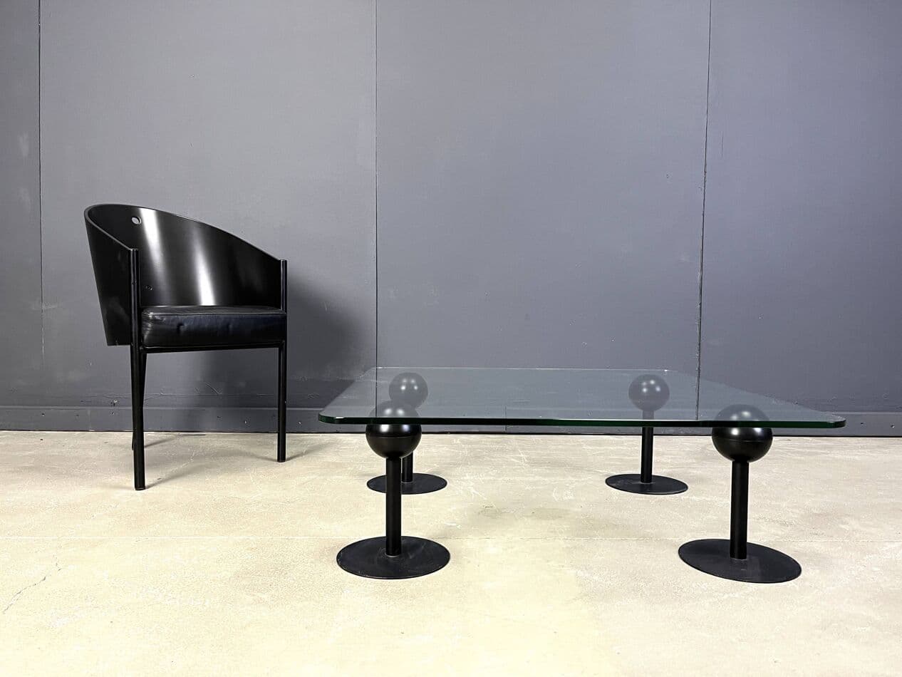 Coffee Table Pepper Young, transparent glass, black metal, by P. Starck, Spain, 1980s. - 329078