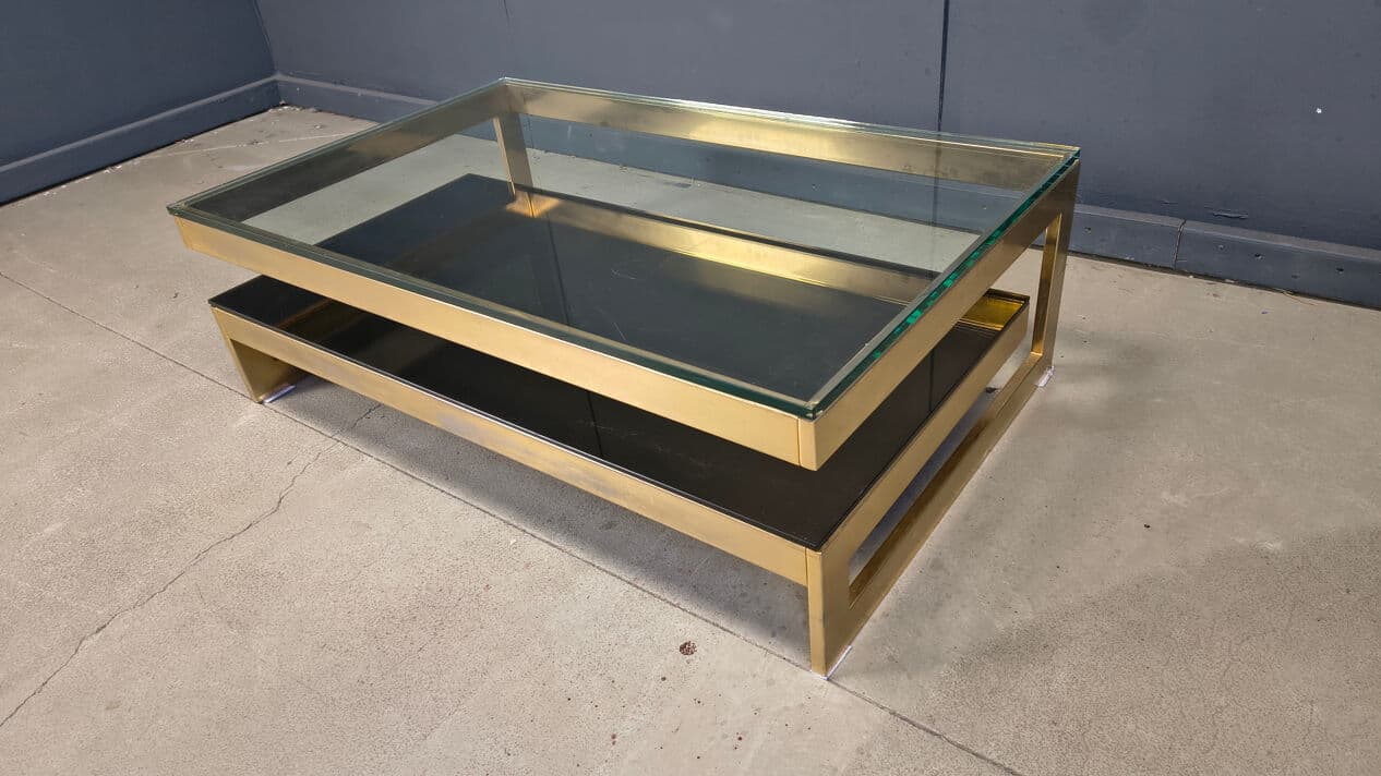Coffee table G, gold, glass, Belgochrom, Belgium, 1970s. - 329042