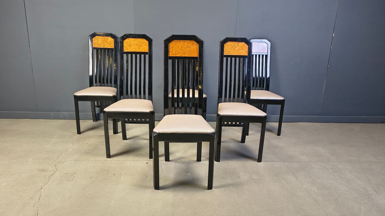 Set of six dining chairs, brown burl, black wood, France, 1980s. - 329025