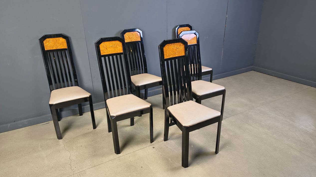 Set of six dining chairs, brown burl, black wood, France, 1980s. - 329031