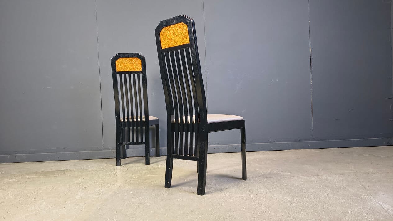 Set of six dining chairs, brown burl, black wood, France, 1980s. - 329034