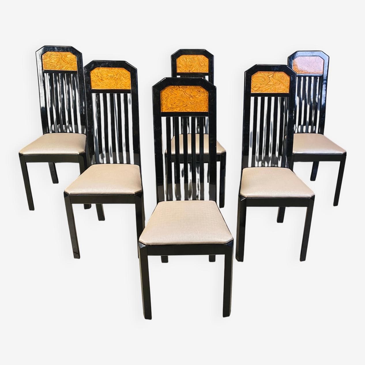 Set of six dining chairs, brown burl, black wood, France, 1980s. - 329027