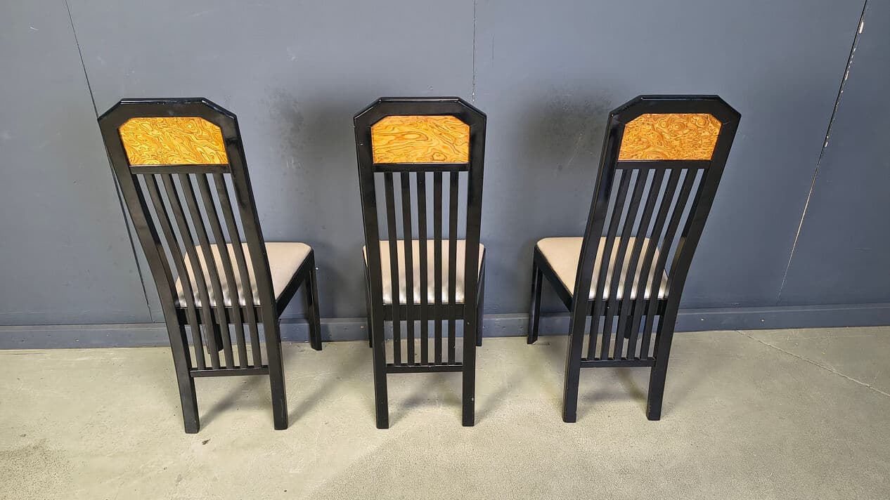 Set of six dining chairs, brown burl, black wood, France, 1980s. - 329032