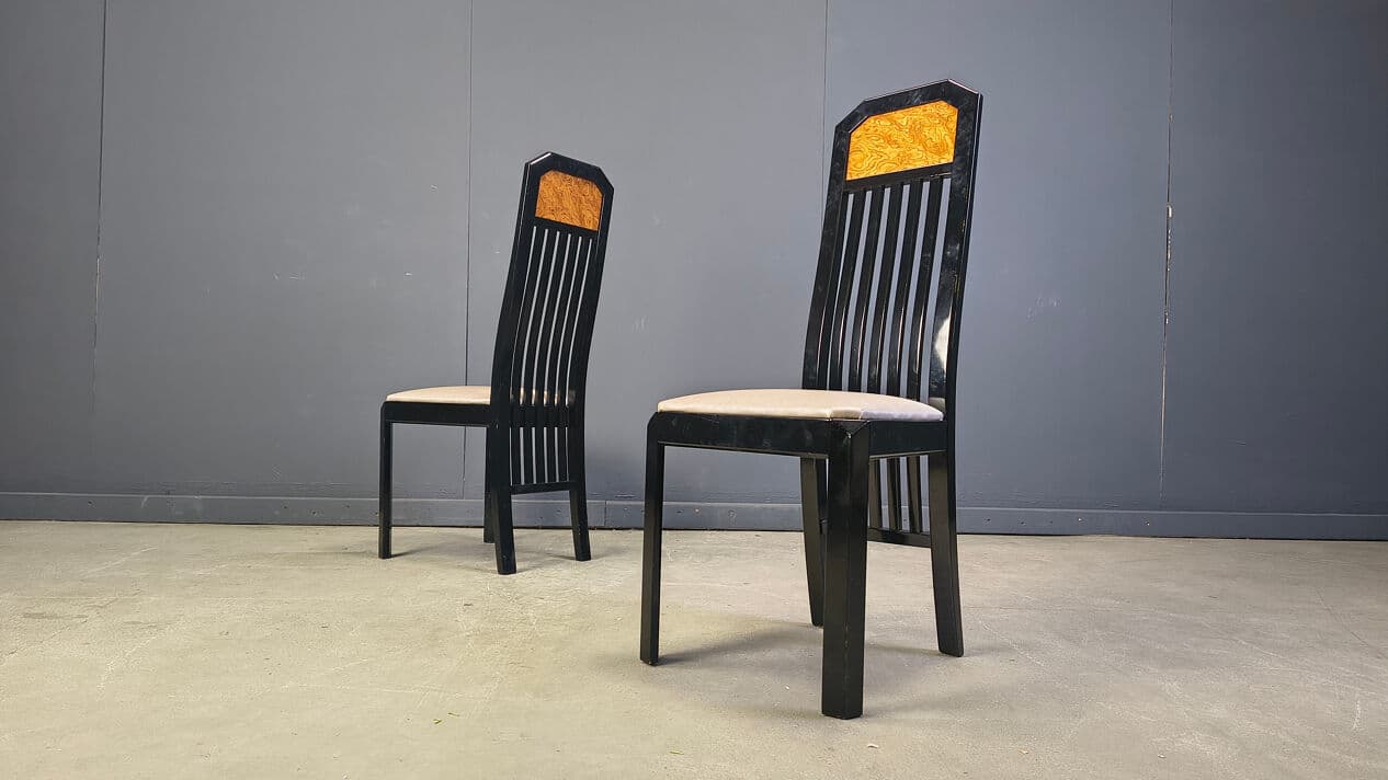 Set of six dining chairs, brown burl, black wood, France, 1980s. - 329026