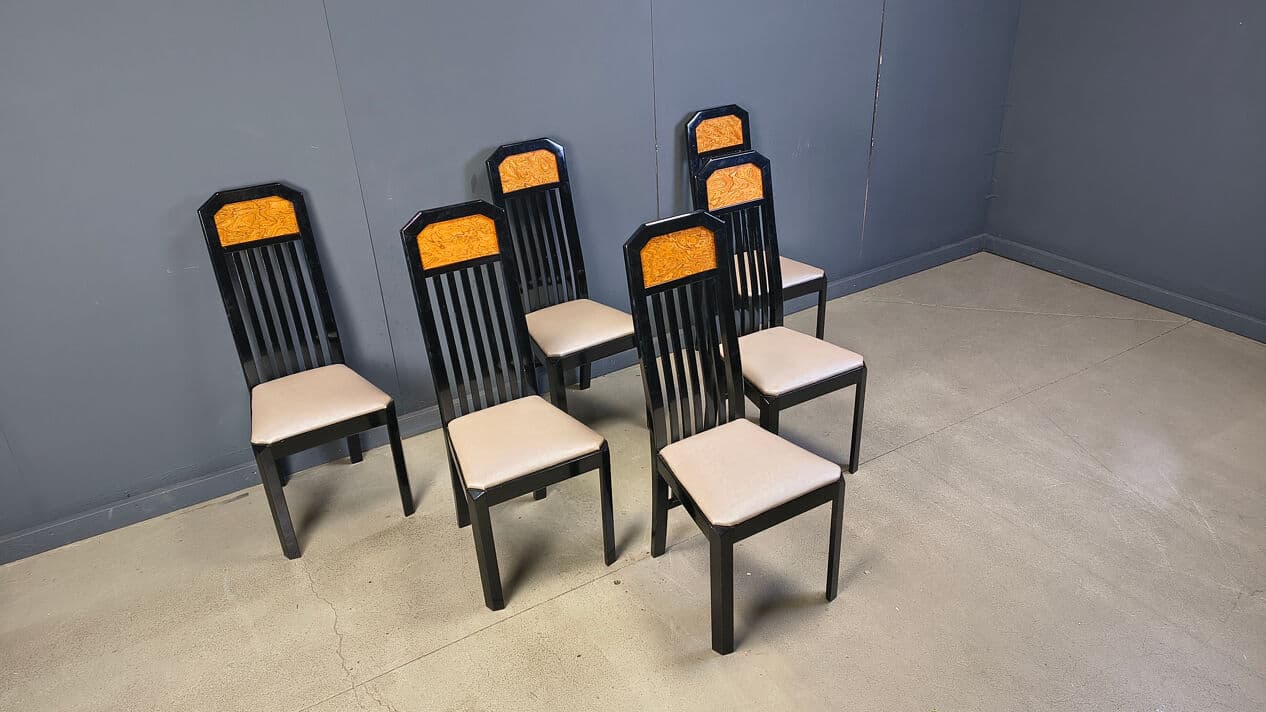 Set of six dining chairs, brown burl, black wood, France, 1980s. - 329030
