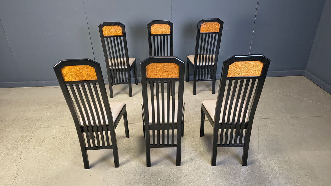 Set of six dining chairs, brown burl, black wood, France, 1980s. - 329033