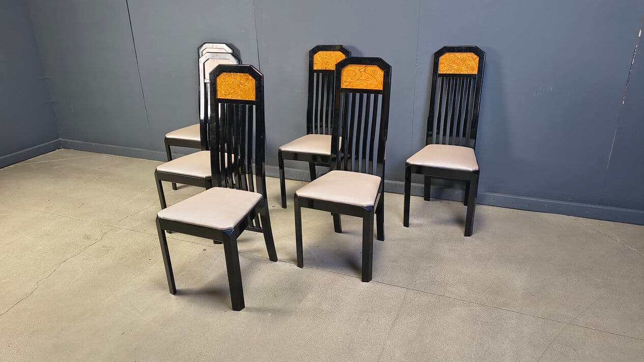 Set of six dining chairs, brown burl, black wood, France, 1980s. - 329029