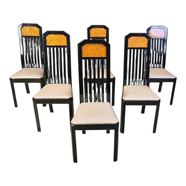 Set of six dining chairs, brown burl, black wood, France, 1980s. - DIMENSION
