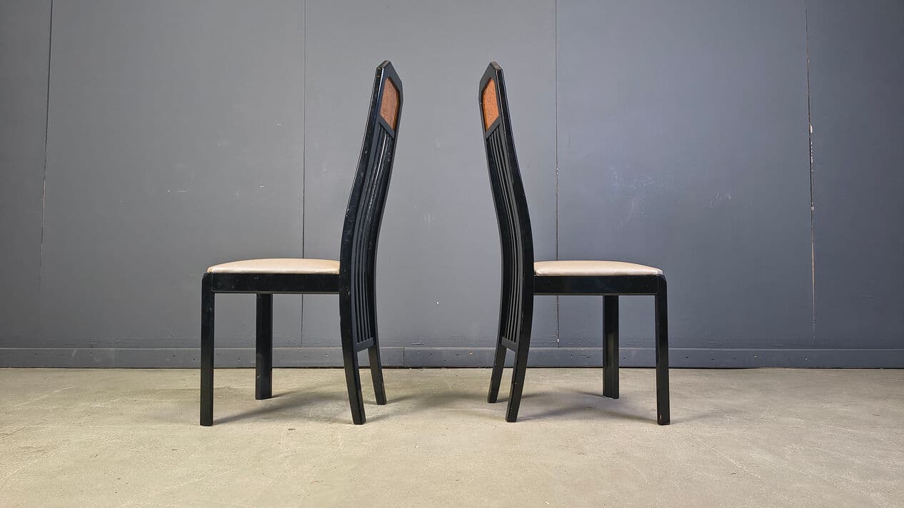 Set of six dining chairs, brown burl, black wood, France, 1980s. - 329035
