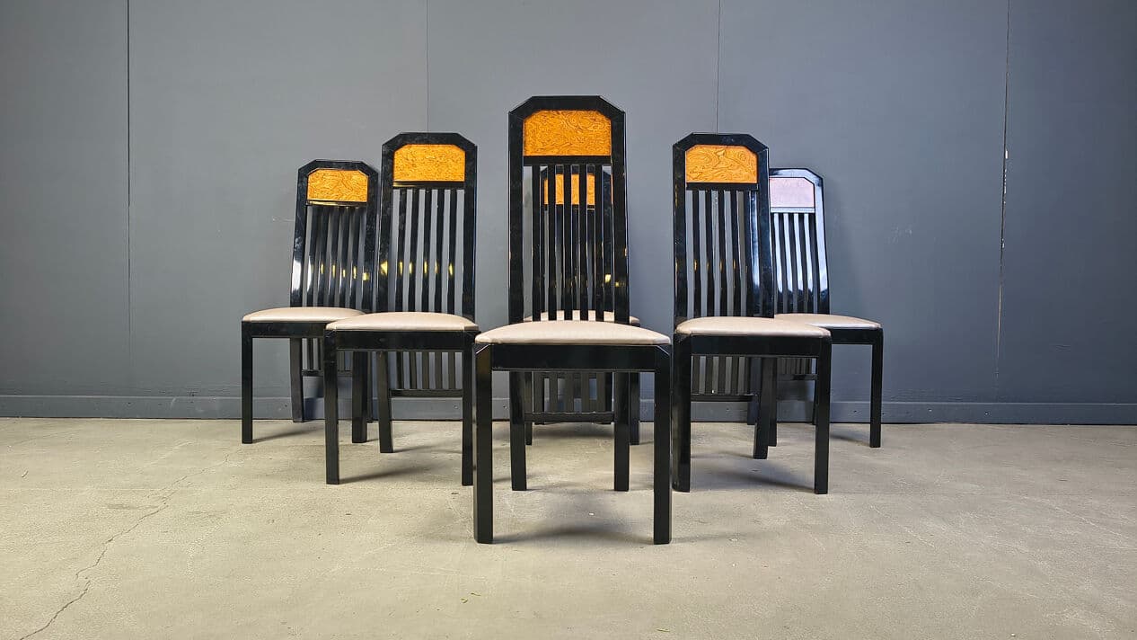 Set of six dining chairs, brown burl, black wood, France, 1980s. - 329028