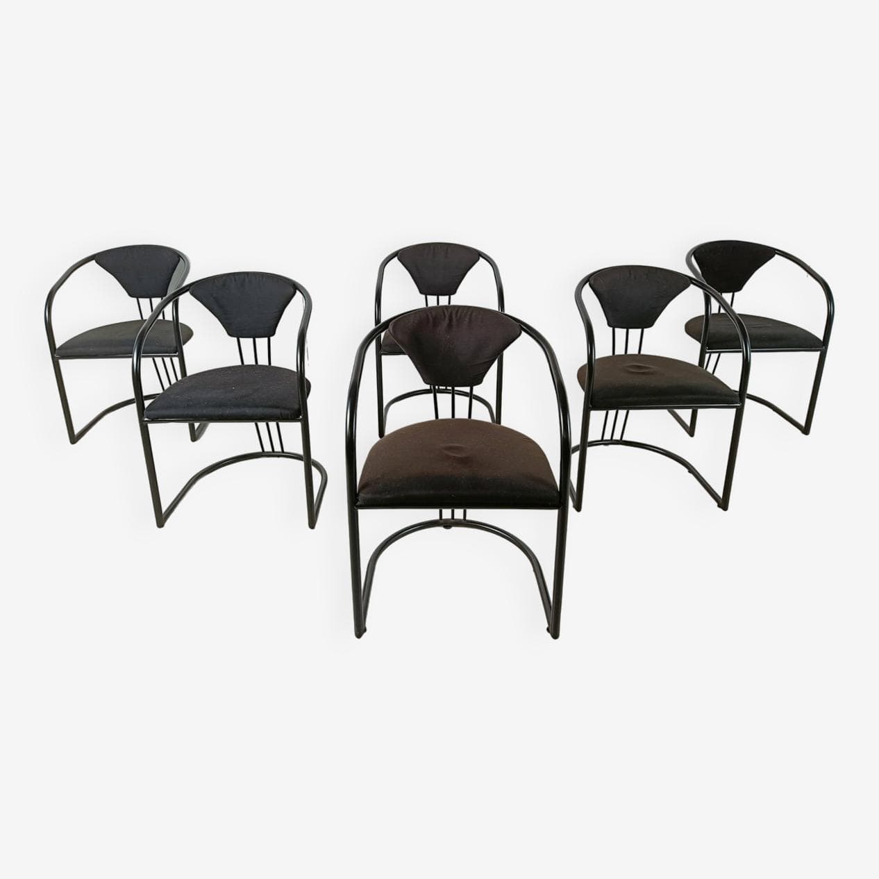 Set of six postmodern dining chairs, black metal, black and brown fabric, Italy, 1980s. - 329023