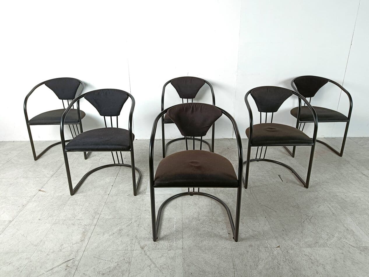 Set of six postmodern dining chairs, black metal, black and brown fabric, Italy, 1980s. - 329016