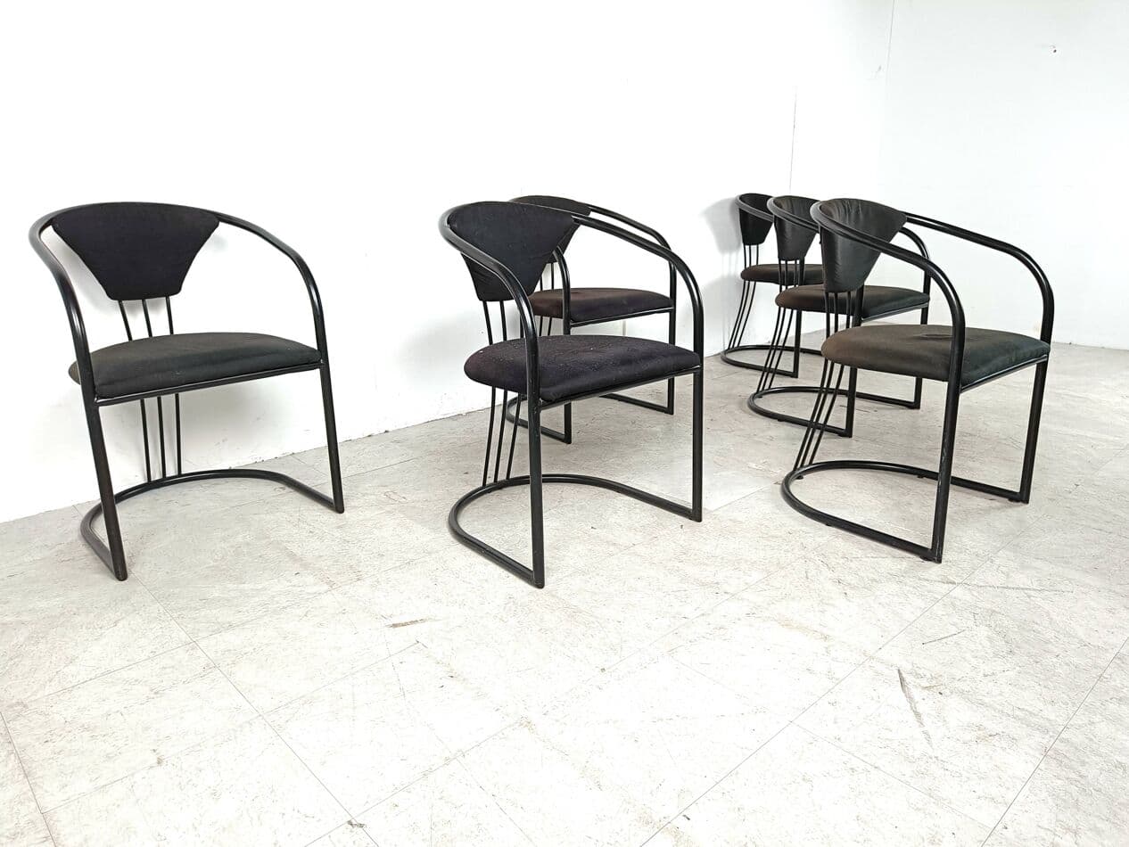 Set of six postmodern dining chairs, black metal, black and brown fabric, Italy, 1980s. - 329015