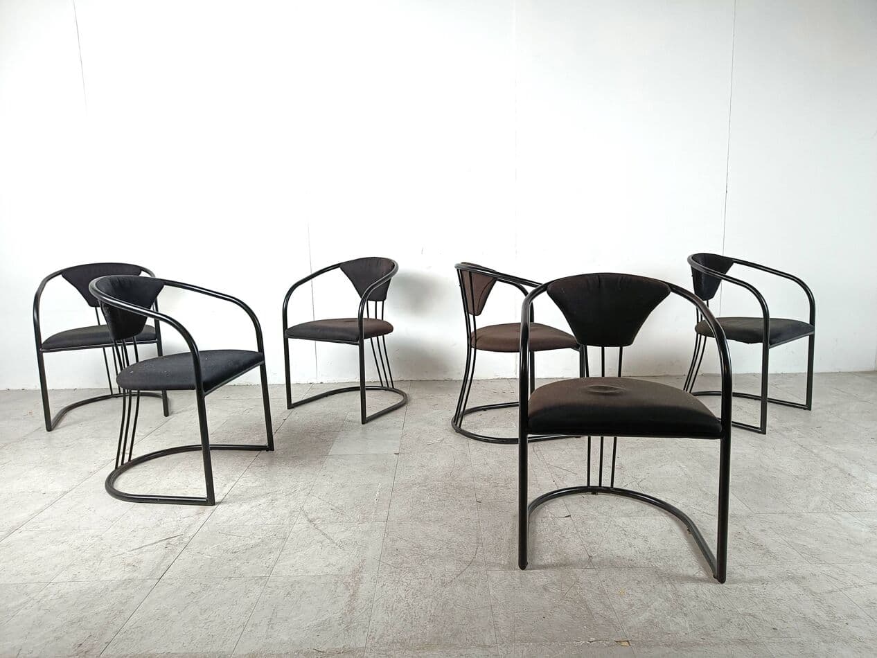 Set of six postmodern dining chairs, black metal, black and brown fabric, Italy, 1980s. - 329018