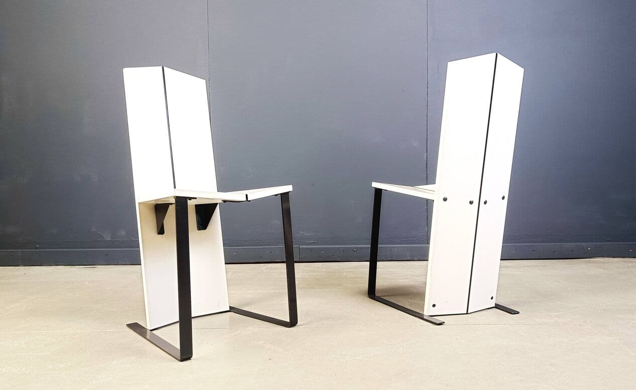 Set of six dining chairs, Space Age, white wood, black metal, Italy, 1980s. - 329006