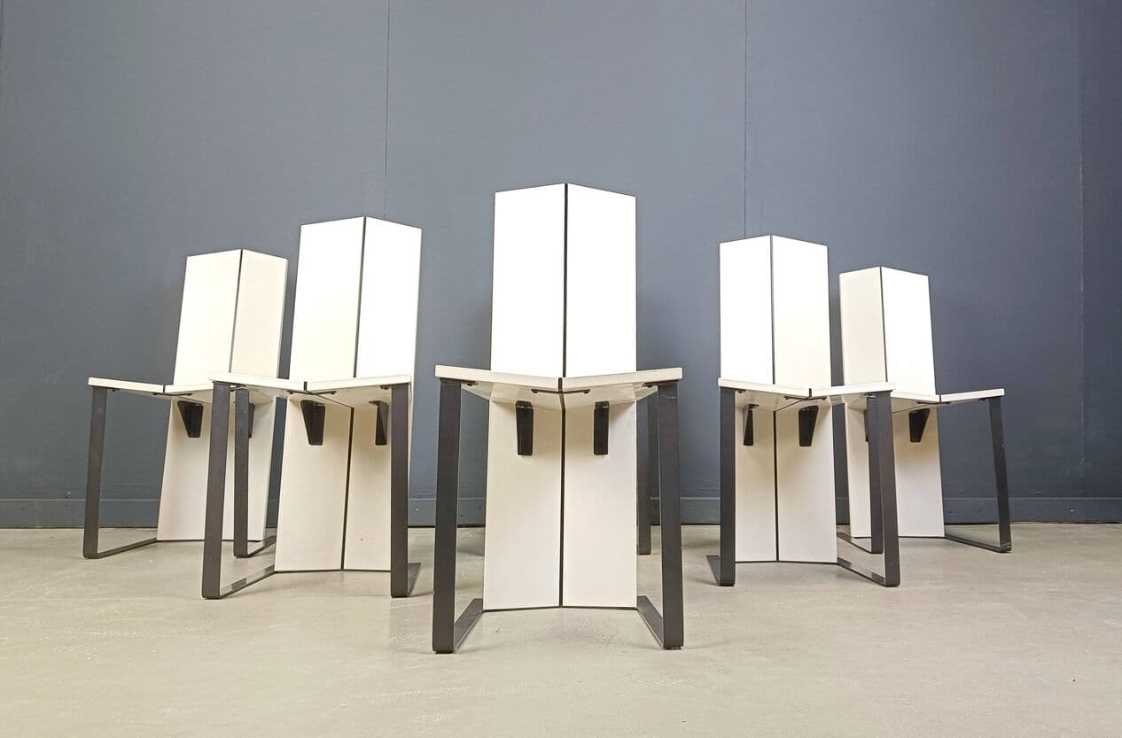 Set of six dining chairs, Space Age, white wood, black metal, Italy, 1980s. - 329013