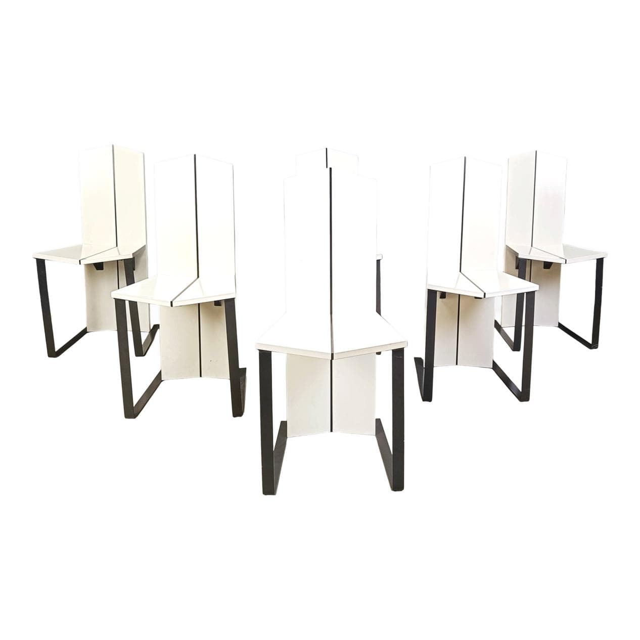 Set of six dining chairs, Space Age, white wood, black metal, Italy, 1980s.