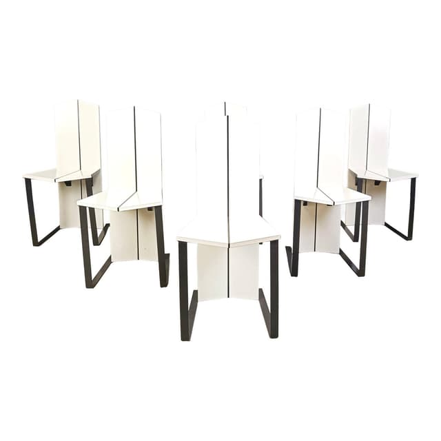 Set of six dining chairs, Space Age, white wood, black metal, Italy, 1980s. - DIMENSION