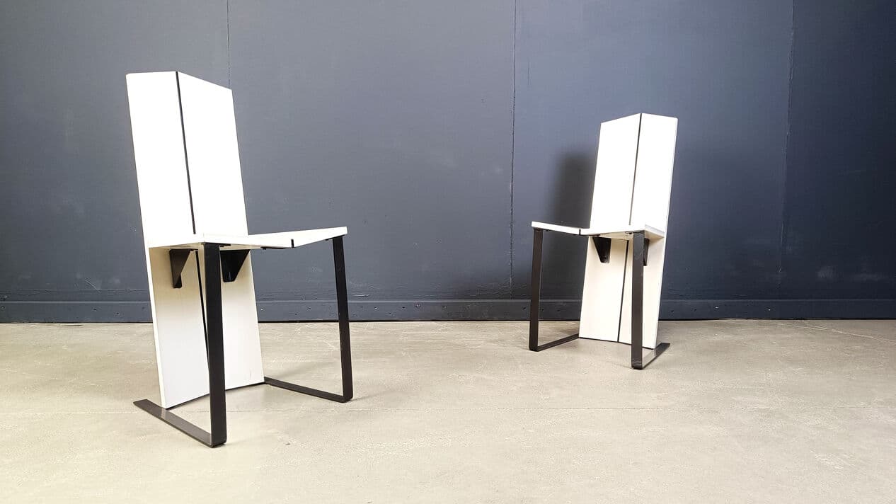 Set of six dining chairs, Space Age, white wood, black metal, Italy, 1980s. - 329003