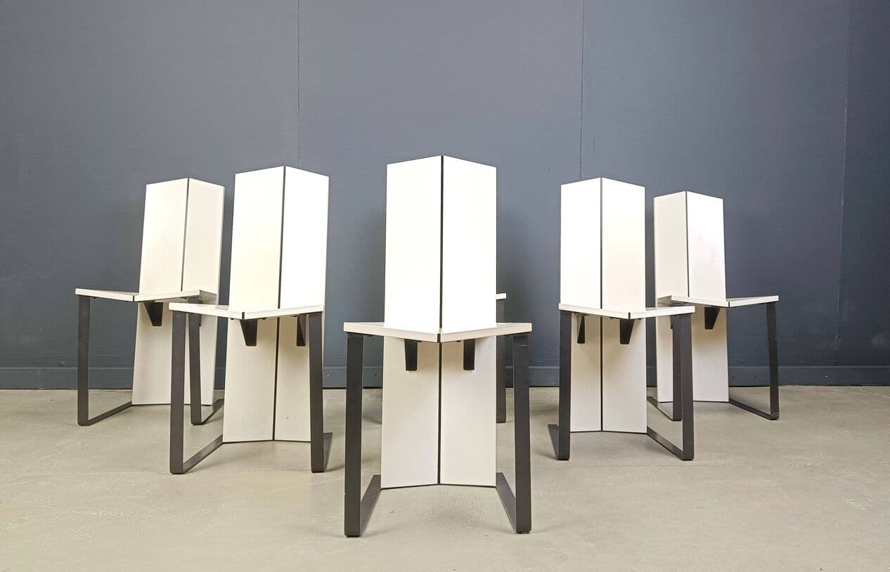 Set of six dining chairs, Space Age, white wood, black metal, Italy, 1980s. - 329012
