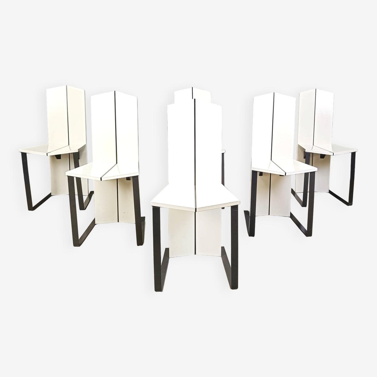 Set of six dining chairs, Space Age, white wood, black metal, Italy, 1980s. - 329005