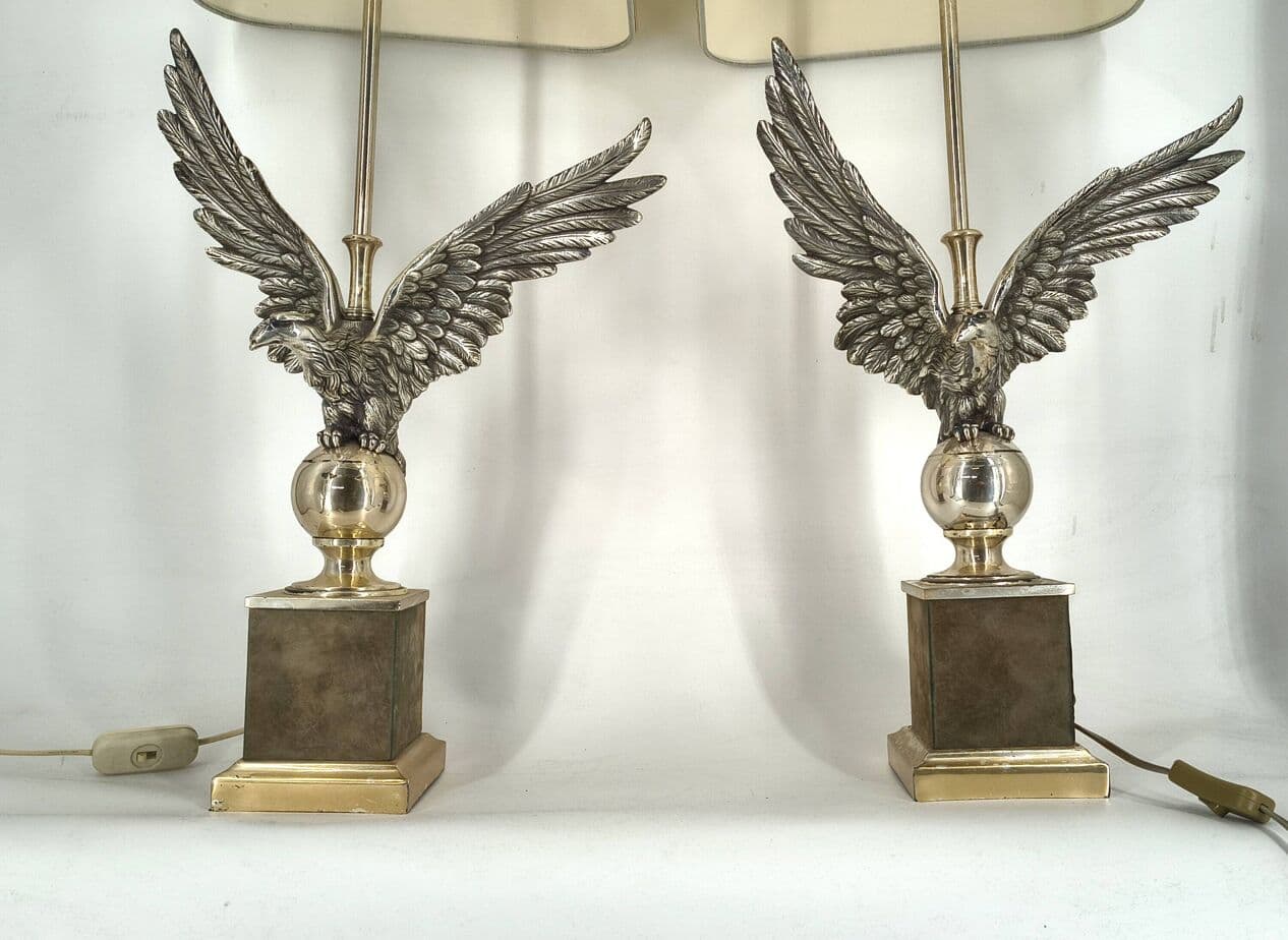 Para lamp stołowych orzeł, metal srebrny złoty, tkanina beżowa, Kanada, lata 70. - 328985