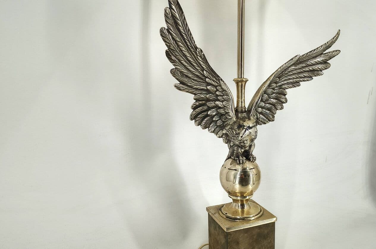 Para lamp stołowych orzeł, metal srebrny złoty, tkanina beżowa, Kanada, lata 70. - 328990