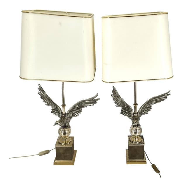 Para lamp stołowych orzeł, metal srebrny złoty, tkanina beżowa, Kanada, lata 70. - WYMIARY