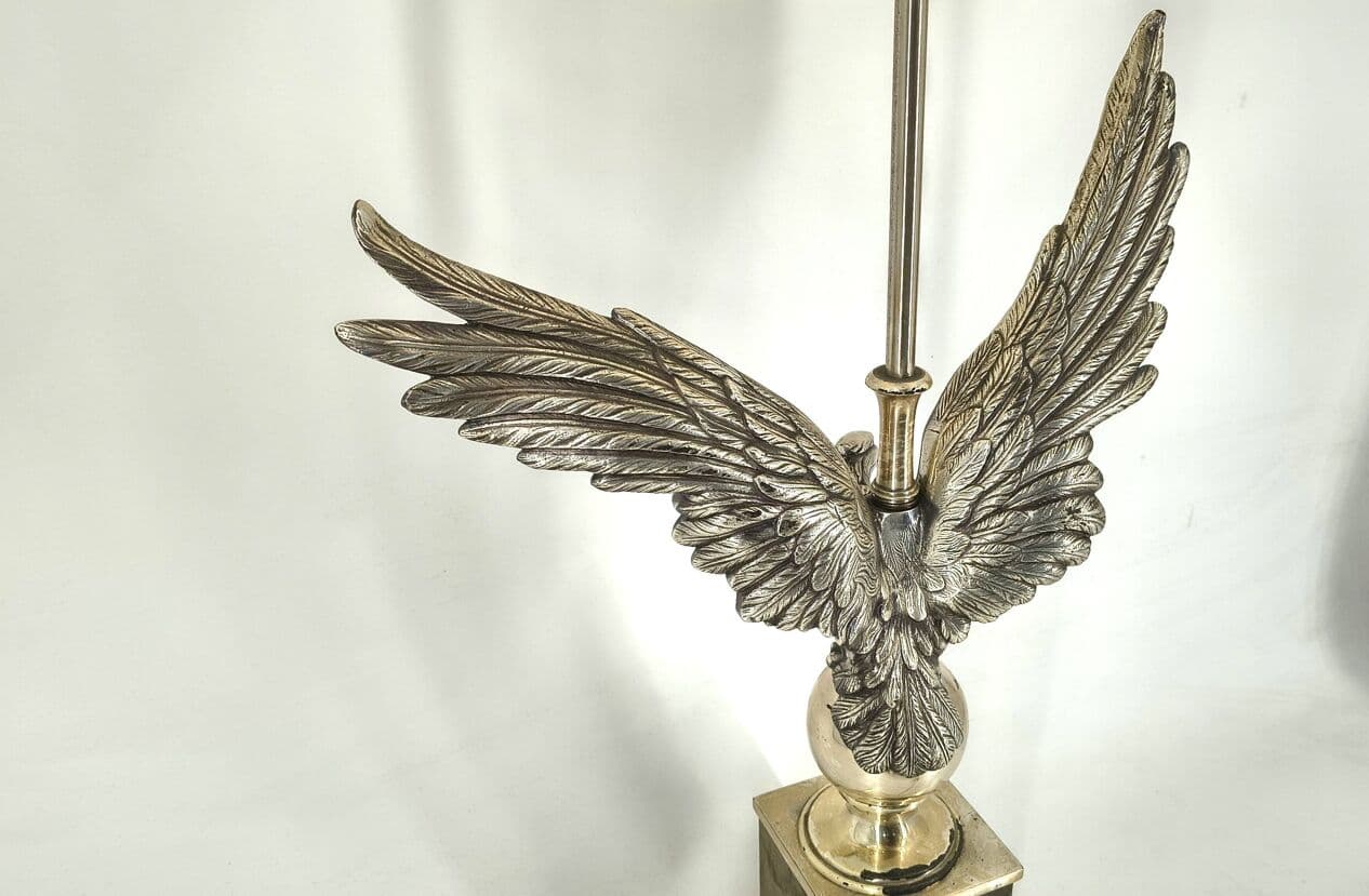 Para lamp stołowych orzeł, metal srebrny złoty, tkanina beżowa, Kanada, lata 70. - 328981
