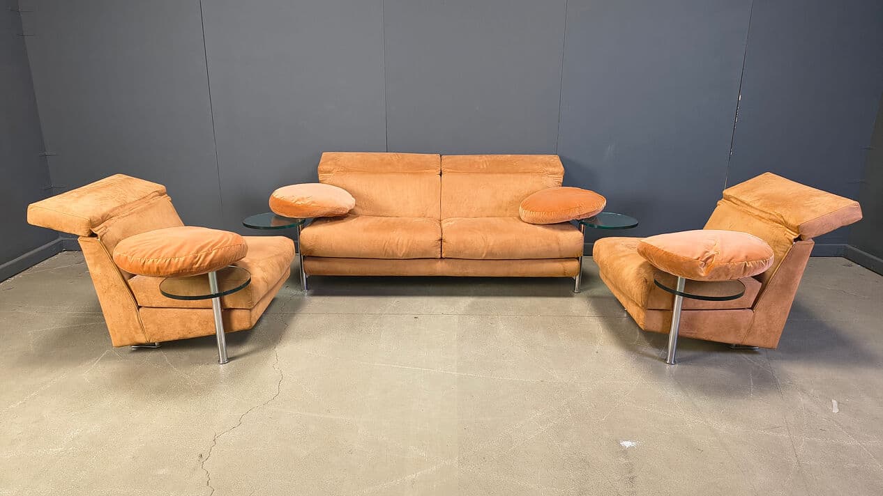 Three-piece sofa set Arca, beige suede, glass, brushed steel, by P. Piva, B&B Italia, Italy, 1980s - 328968