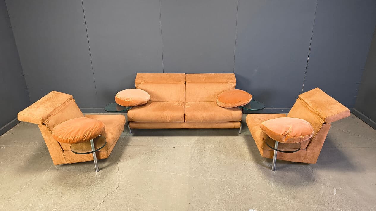 Three-piece sofa set Arca, beige suede, glass, brushed steel, by P. Piva, B&B Italia, Italy, 1980s - 328971
