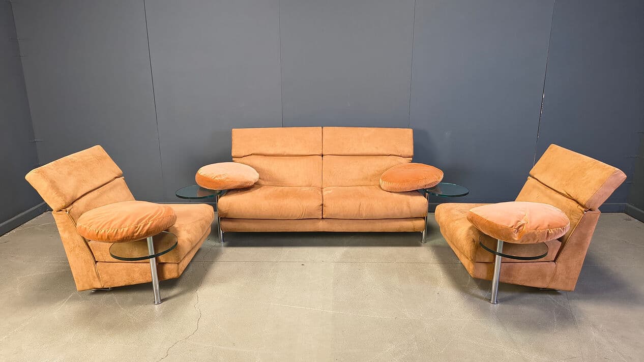 Three-piece sofa set Arca, beige suede, glass, brushed steel, by P. Piva, B&B Italia, Italy, 1980s - 328975