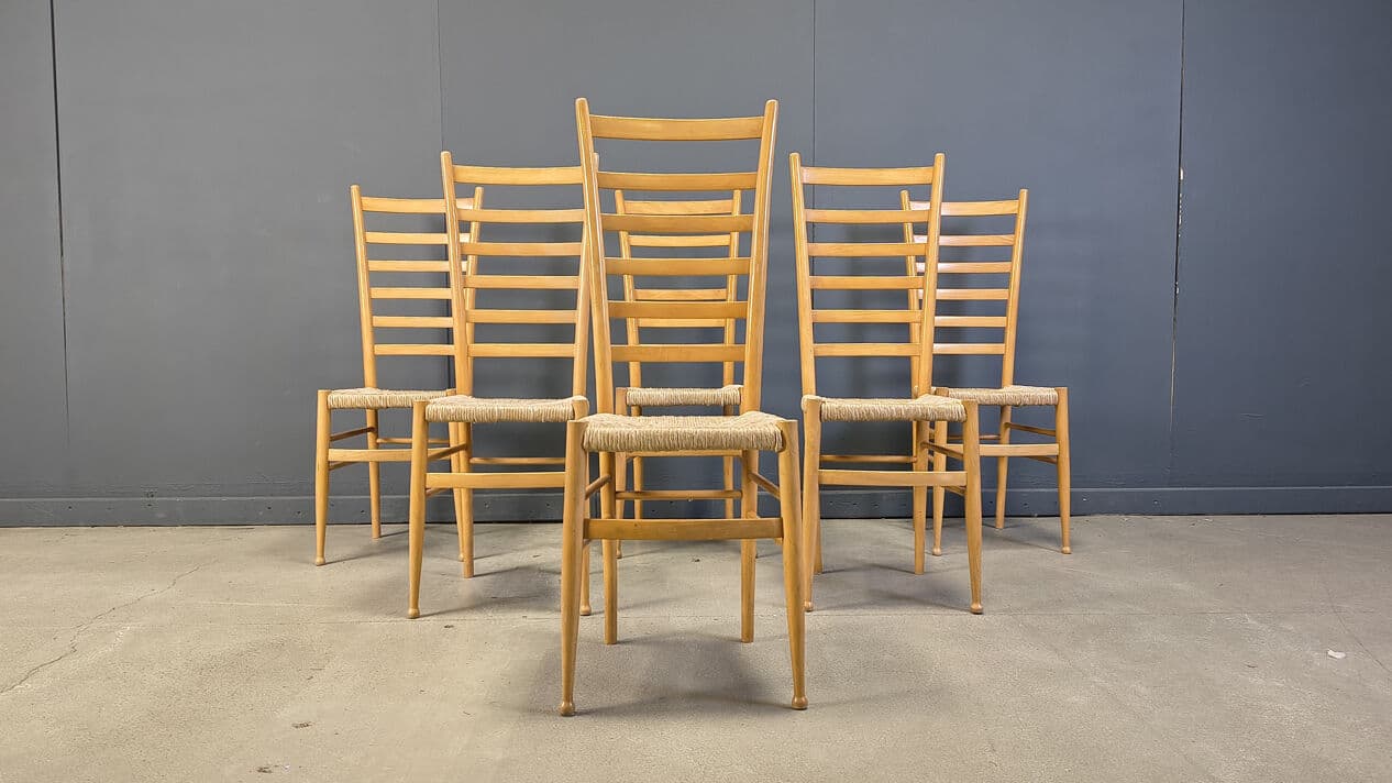 Set of six ladder back chairs, light brown beech, beige wicker, Italy, 1970s. - 328948