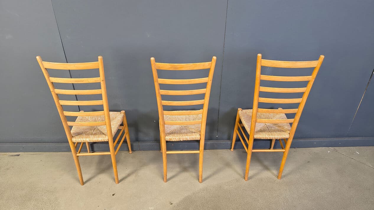 Set of six ladder back chairs, light brown beech, beige wicker, Italy, 1970s. - 328951